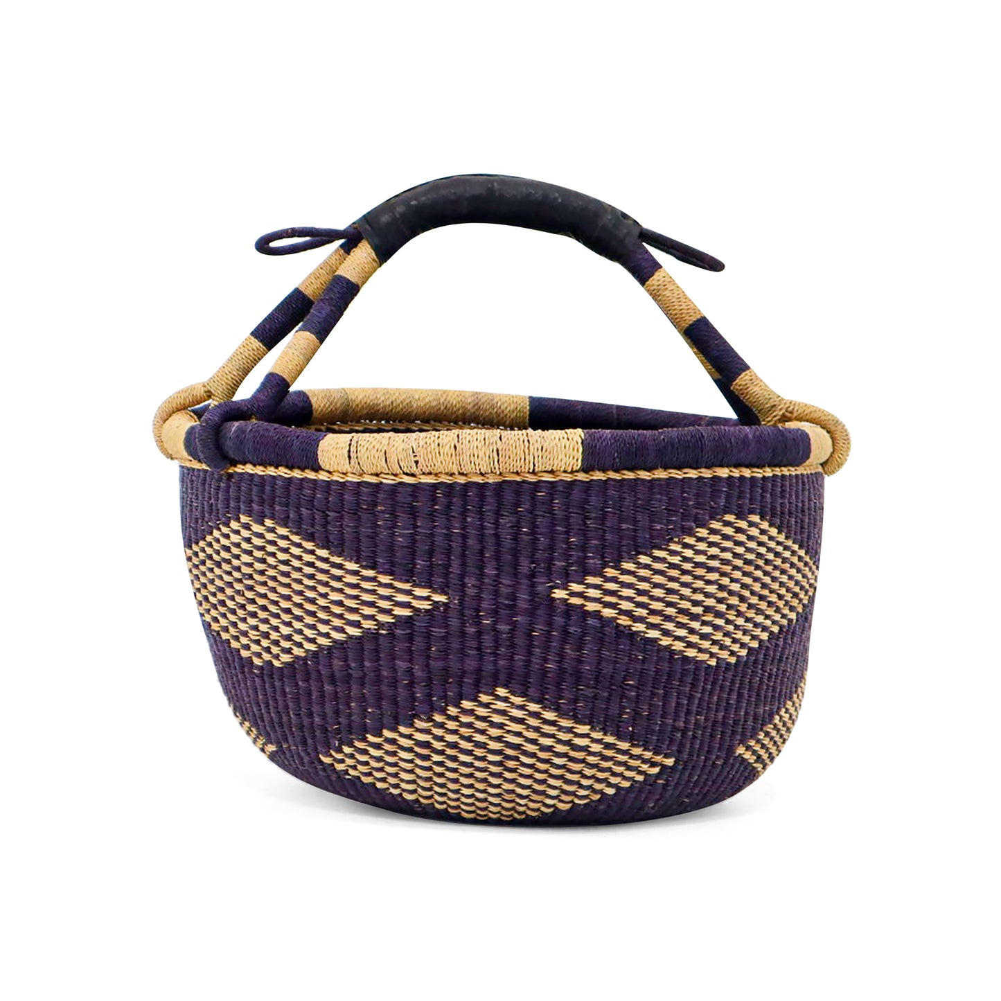 Handmade organizer basket with black pattern, ideal for groceries, fruit, and dry side dishes. Adds rustic charm to any table setting.