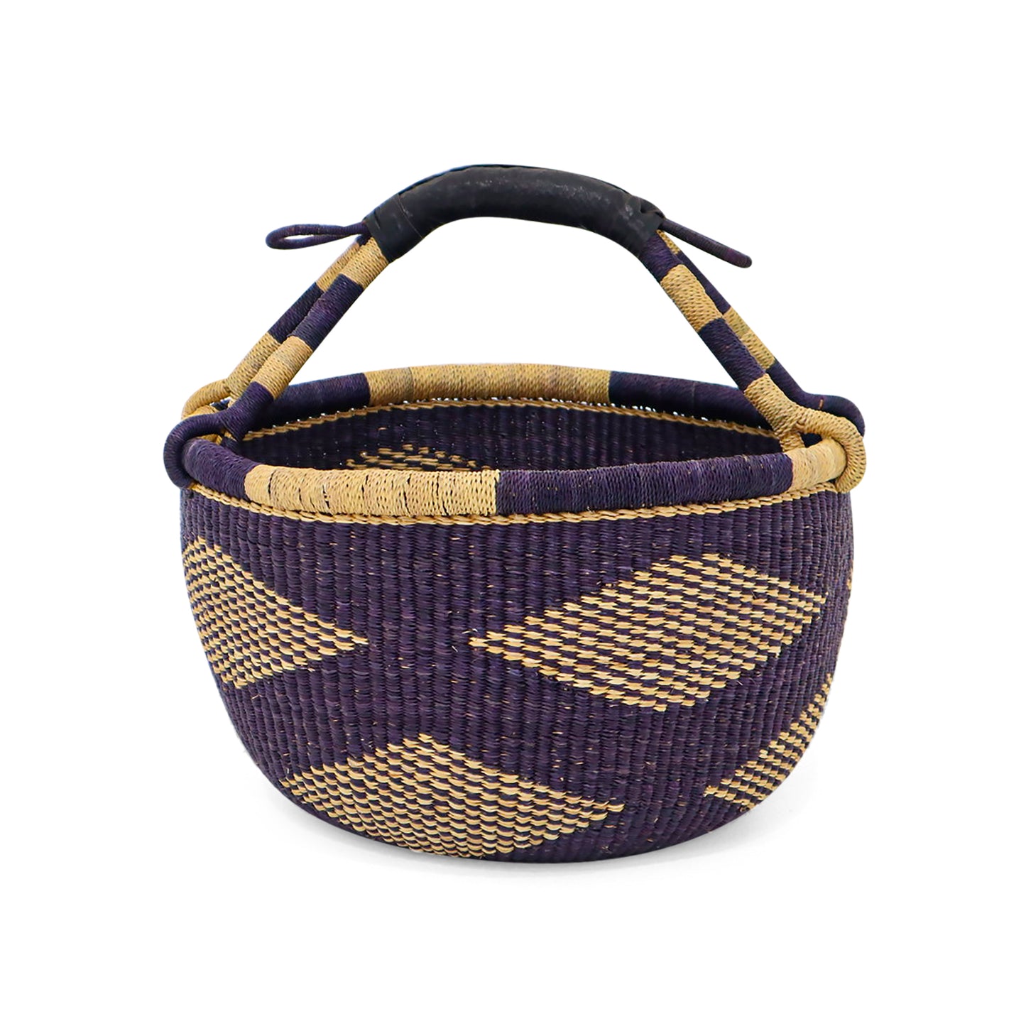 Handmade organizer basket with black pattern, ideal for groceries, fruit, and dry side dishes. Adds rustic charm to any table setting.