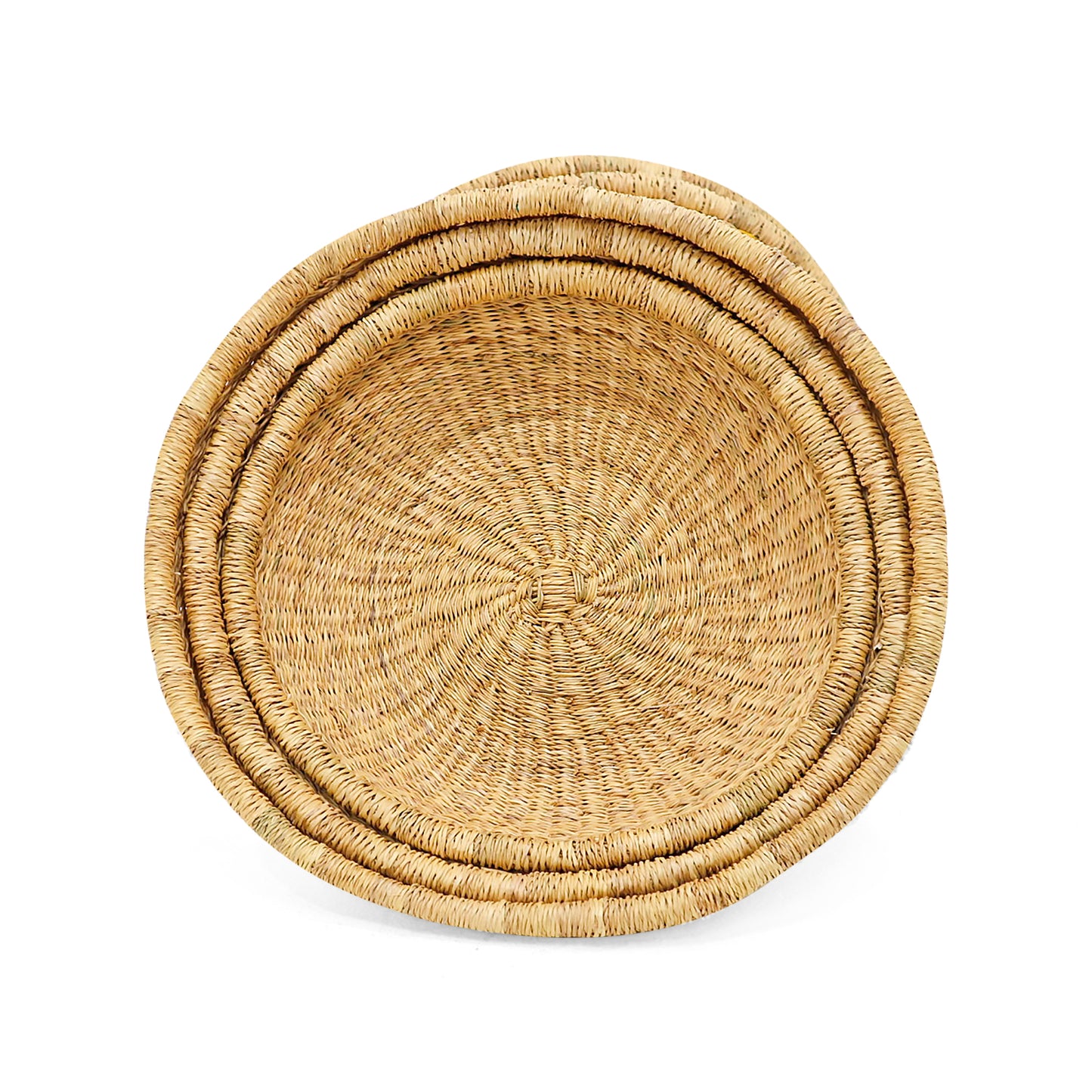 Handwoven natural grass baskets in a set, showcasing intricate craftsmanship and a rustic aesthetic. Perfect for stylish storage and home decor.