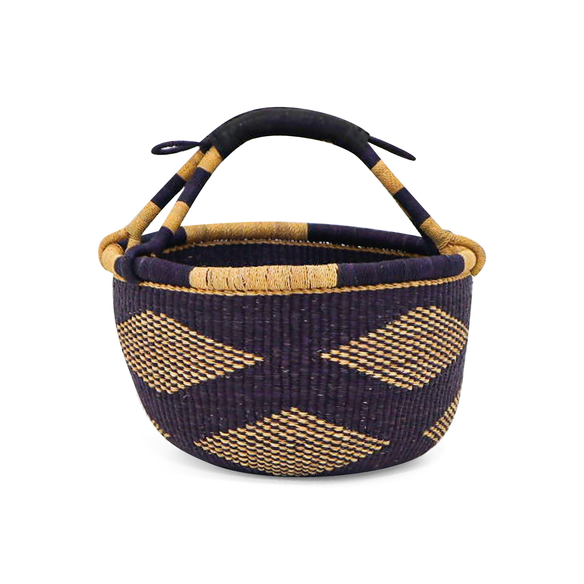 Handmade bread holder basket with black pattern, ideal for bread, fruit, and dry side dishes. Adds rustic charm to any table setting.